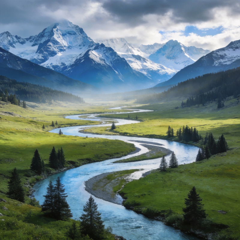 雪山溪流绿谷图片