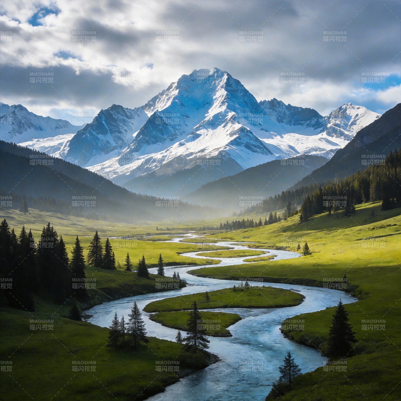 雪山溪谷风光图片