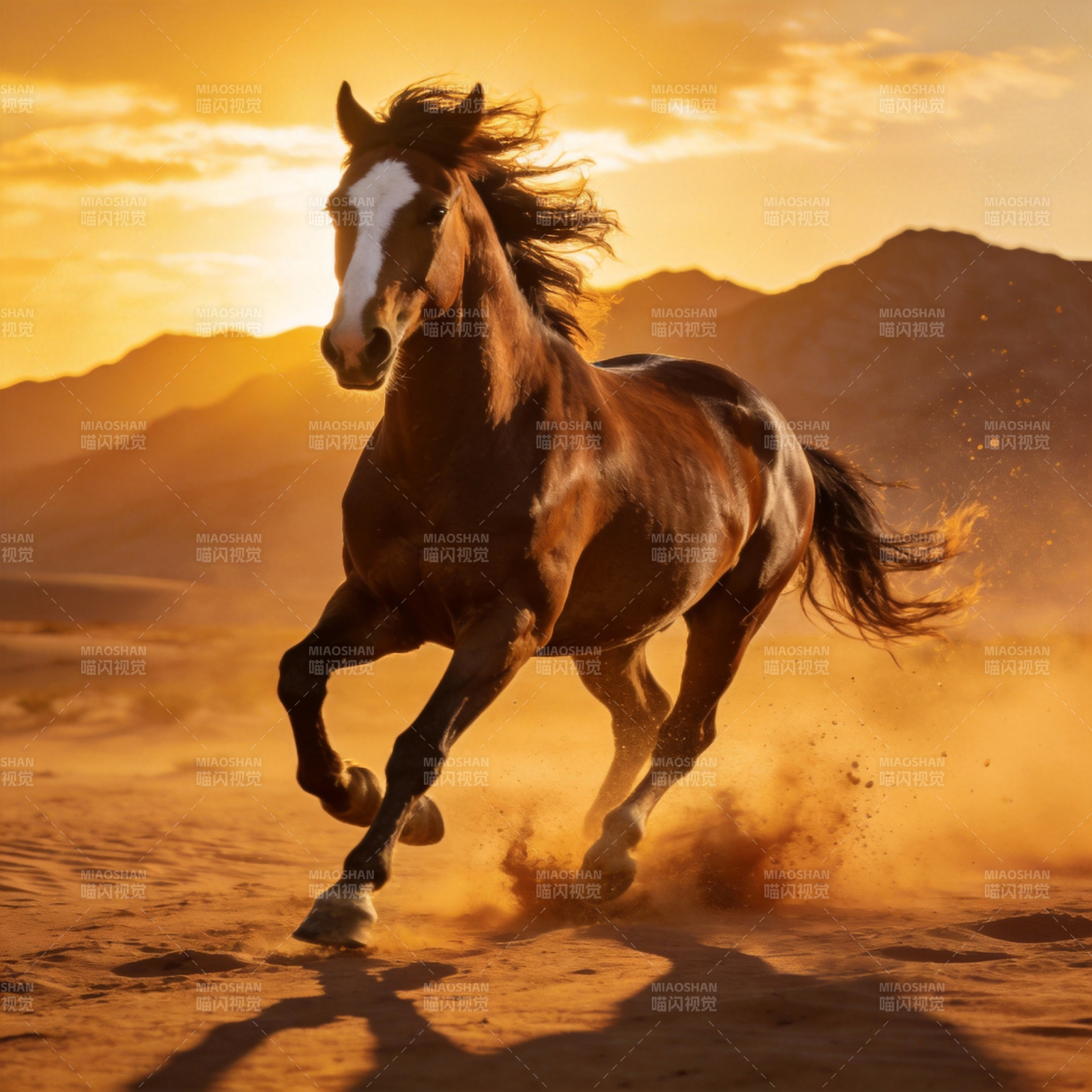 骏马奔腾于沙漠日落图片