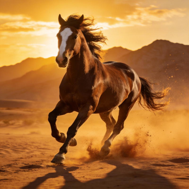 骏马奔腾于沙漠日落图片