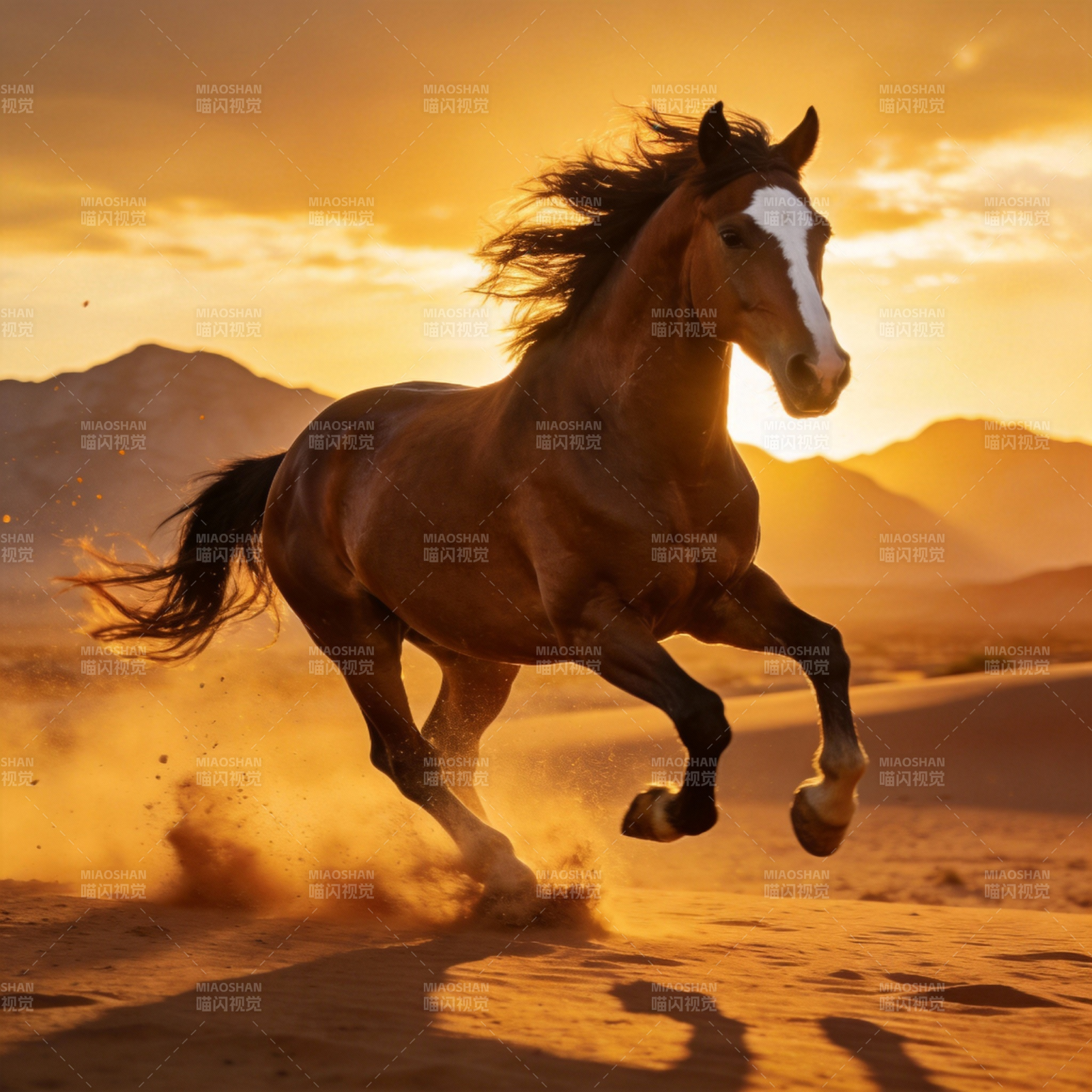 骏马奔腾沙漠日落图片