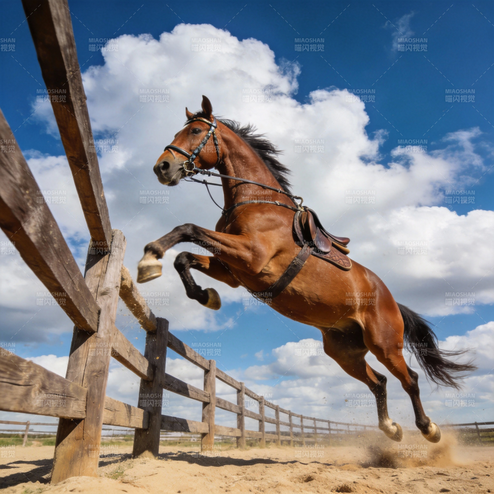 骏马腾跃越栏杆图片