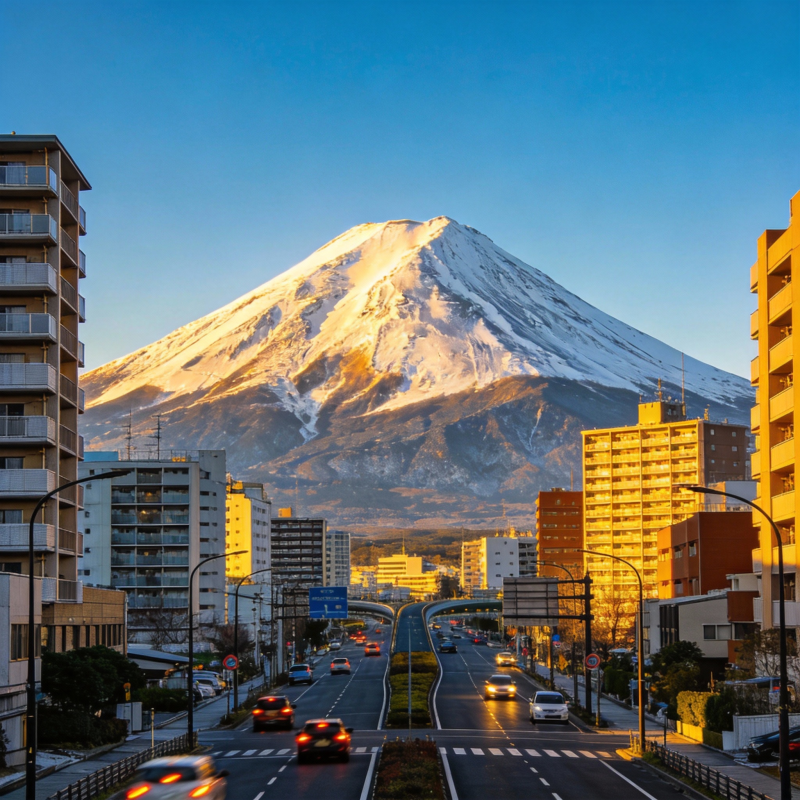富士山下城市风光图片
