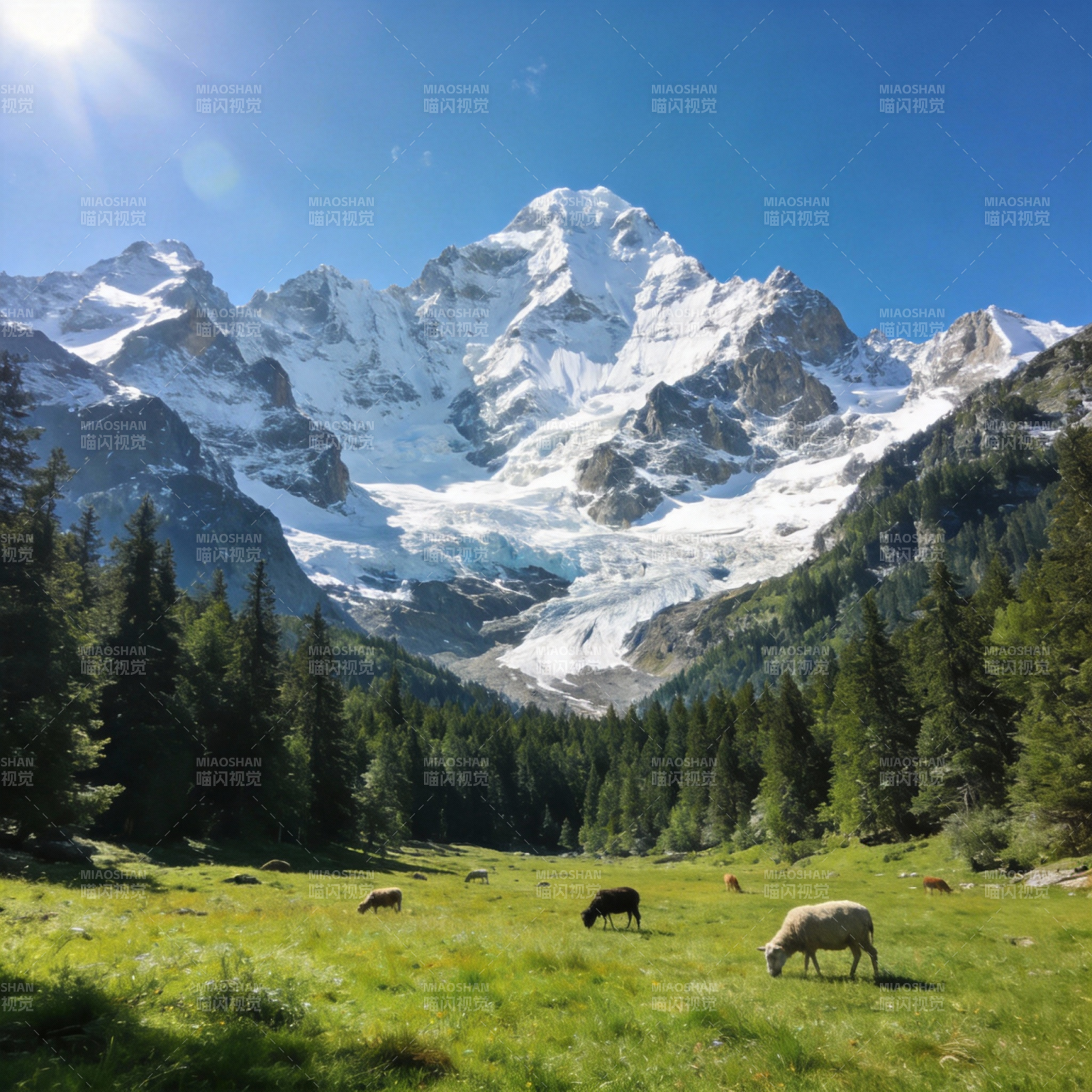 雪山草原牧羊图图片