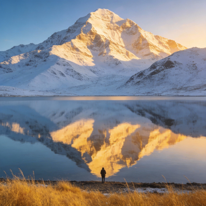 雪山倒影湖畔人图片