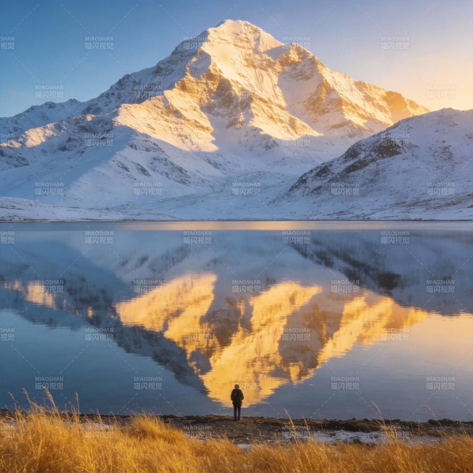 雪山倒影湖畔人图片