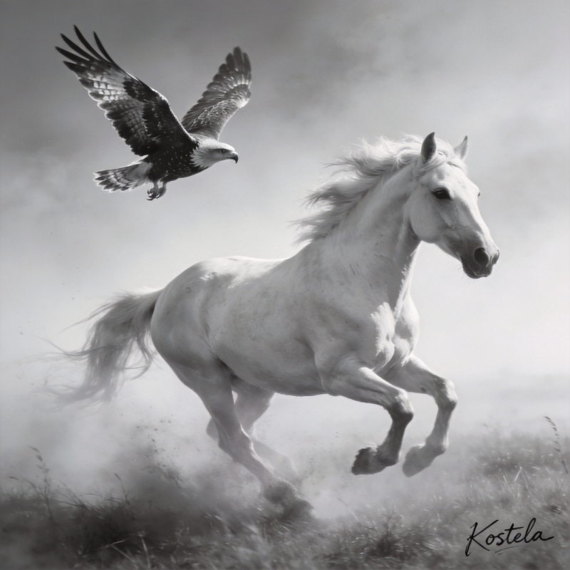 骏马奔腾鹰翔图片