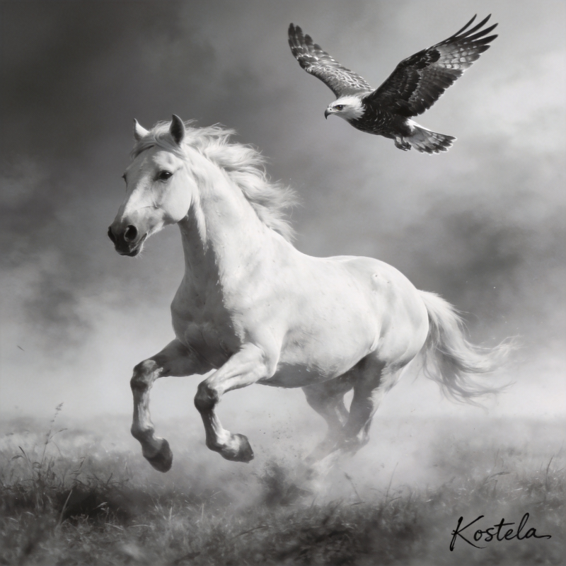 骏马奔腾鹰翱翔图片