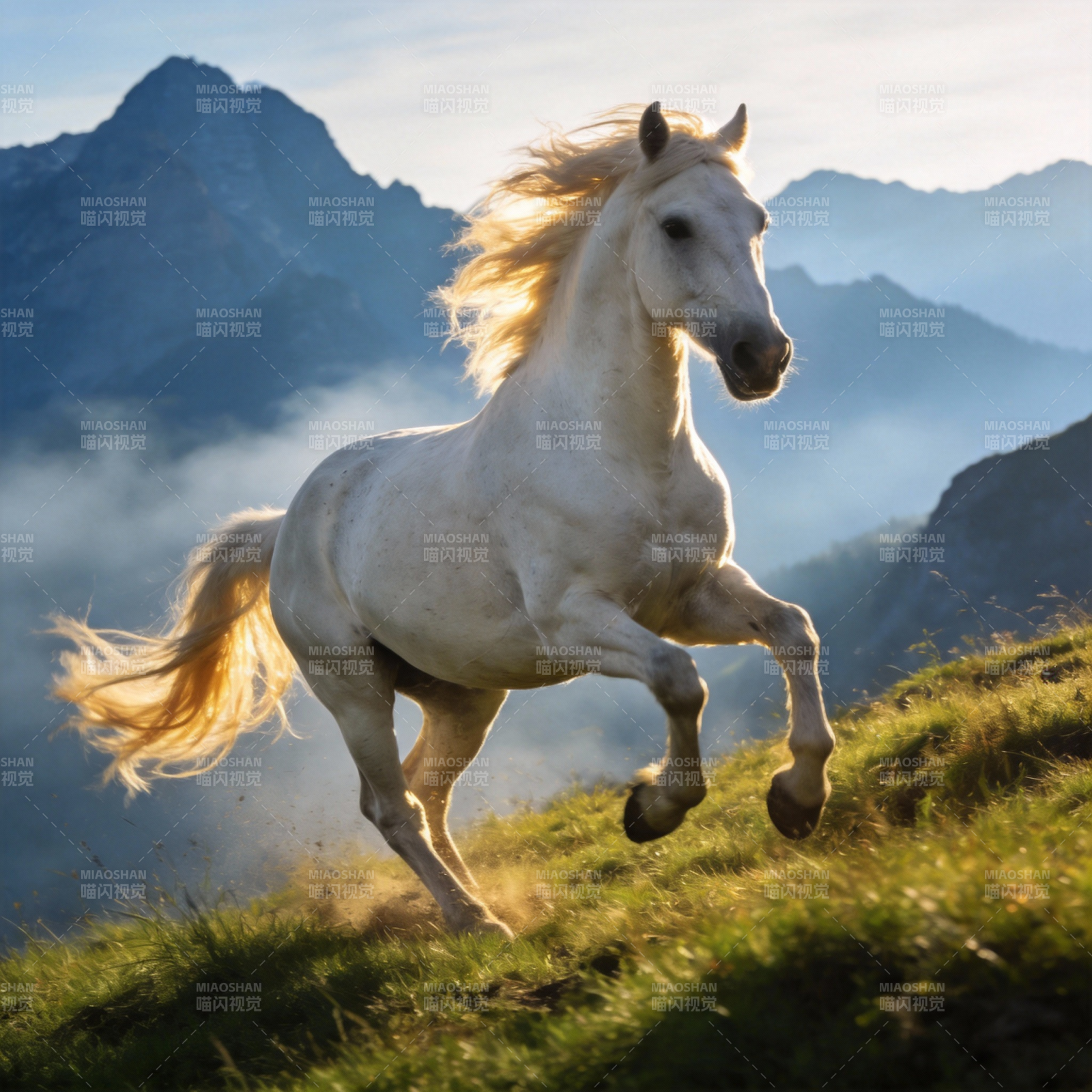白马奔腾山间图片