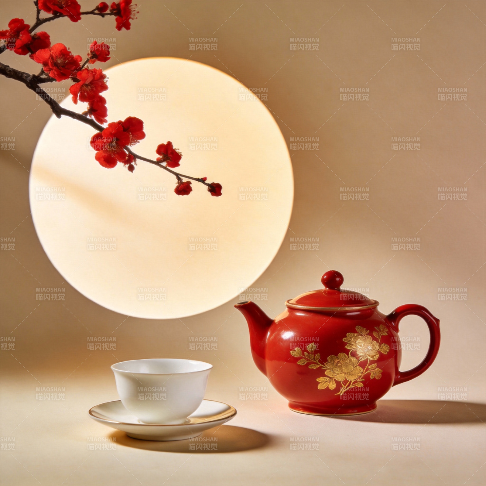 红梅映月茶香图片