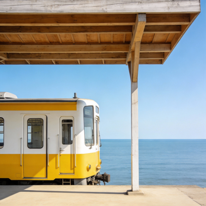 海边小站黄白列车图片