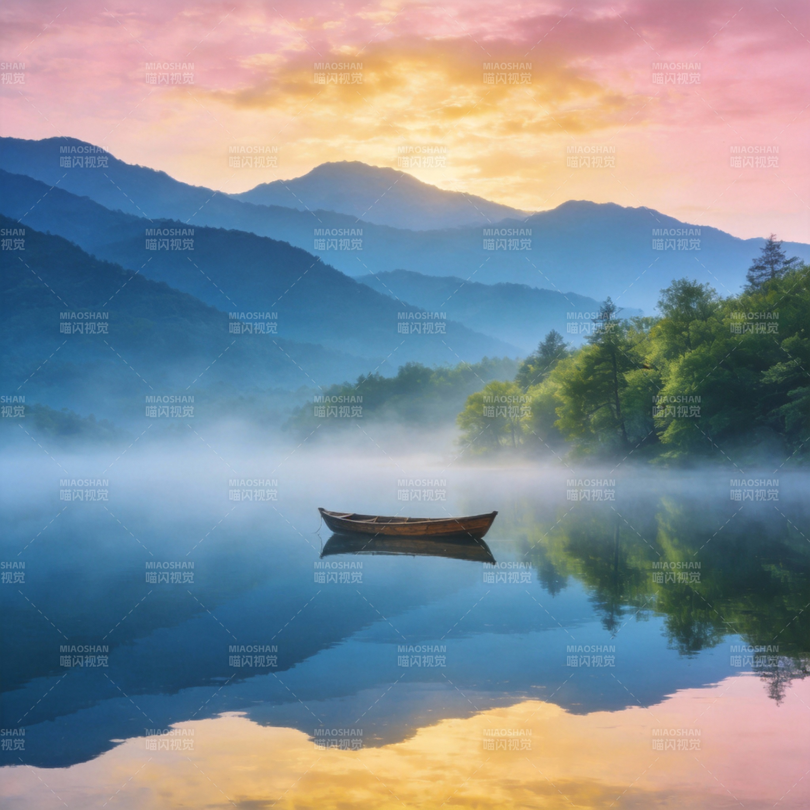 晨雾湖舟图片