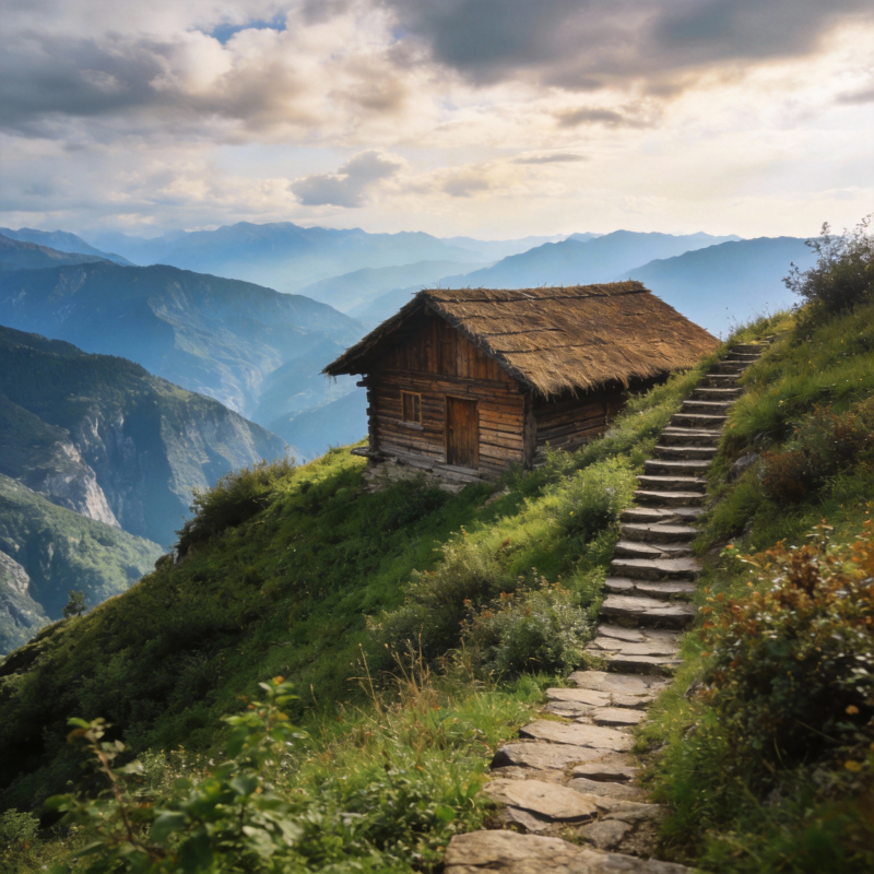 山间小屋 云海缭绕图片