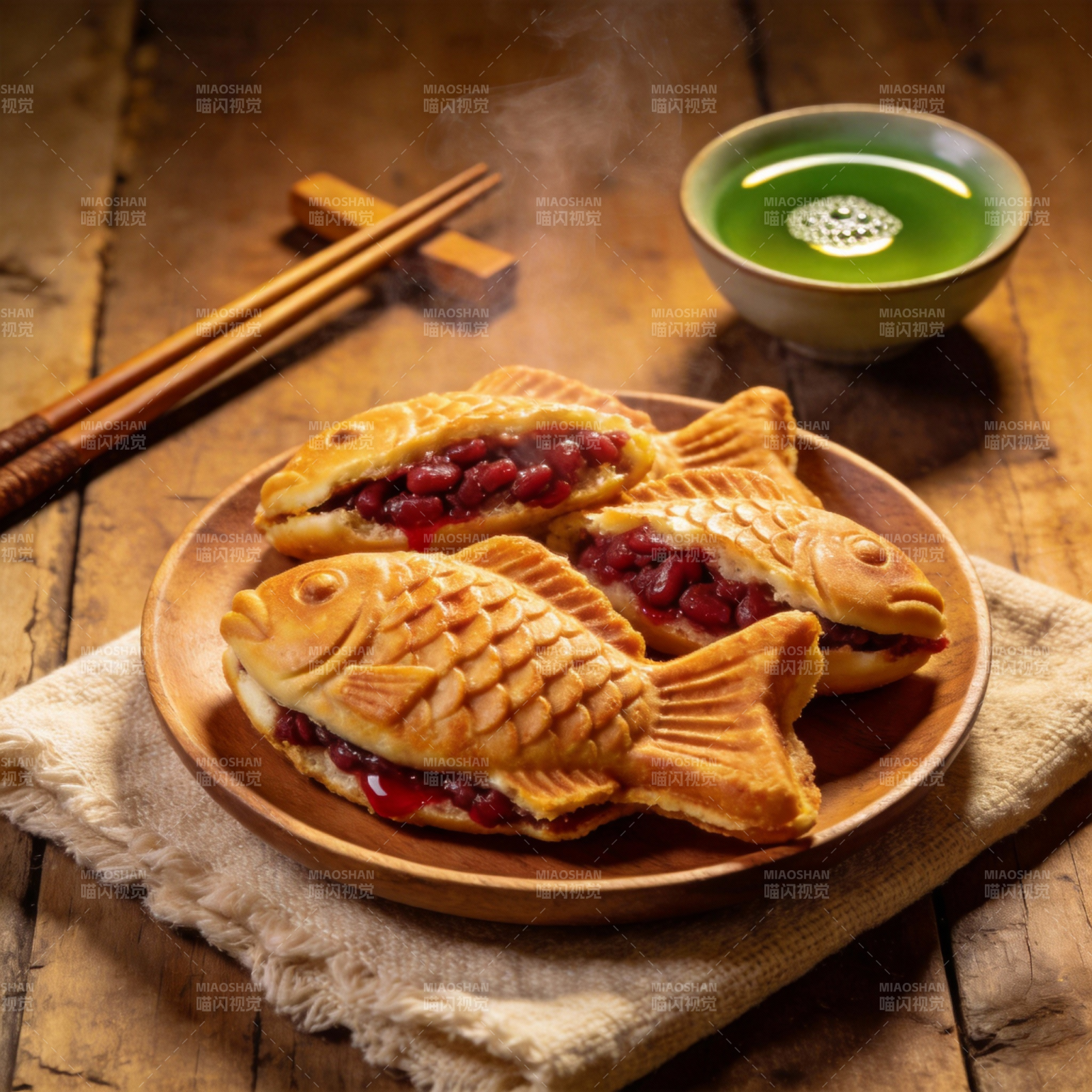 鱼形红豆饼配茶图片