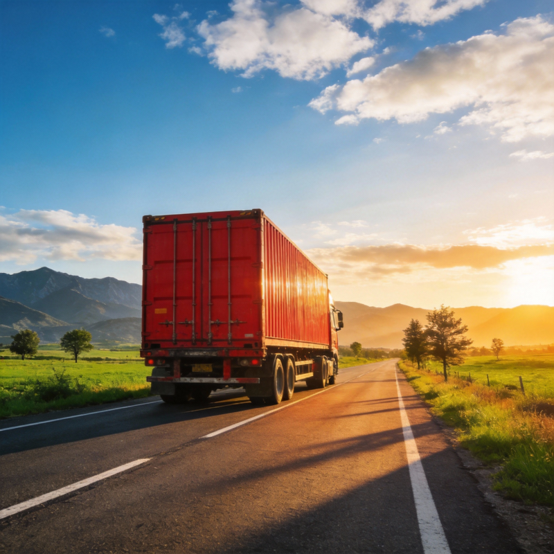 红货柜车驰骋乡间图片