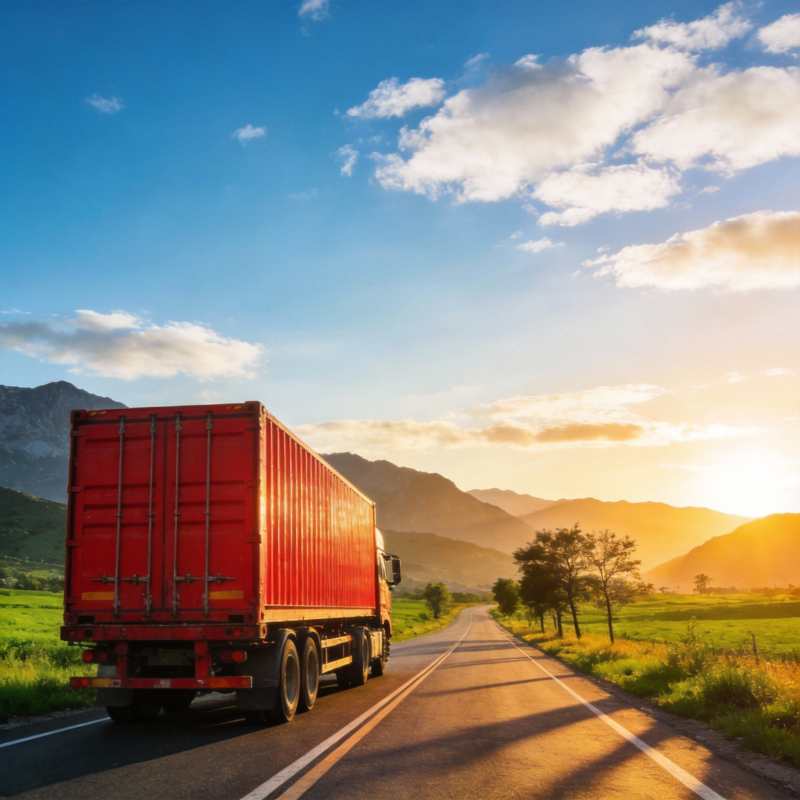 红货柜车驰骋山野图片