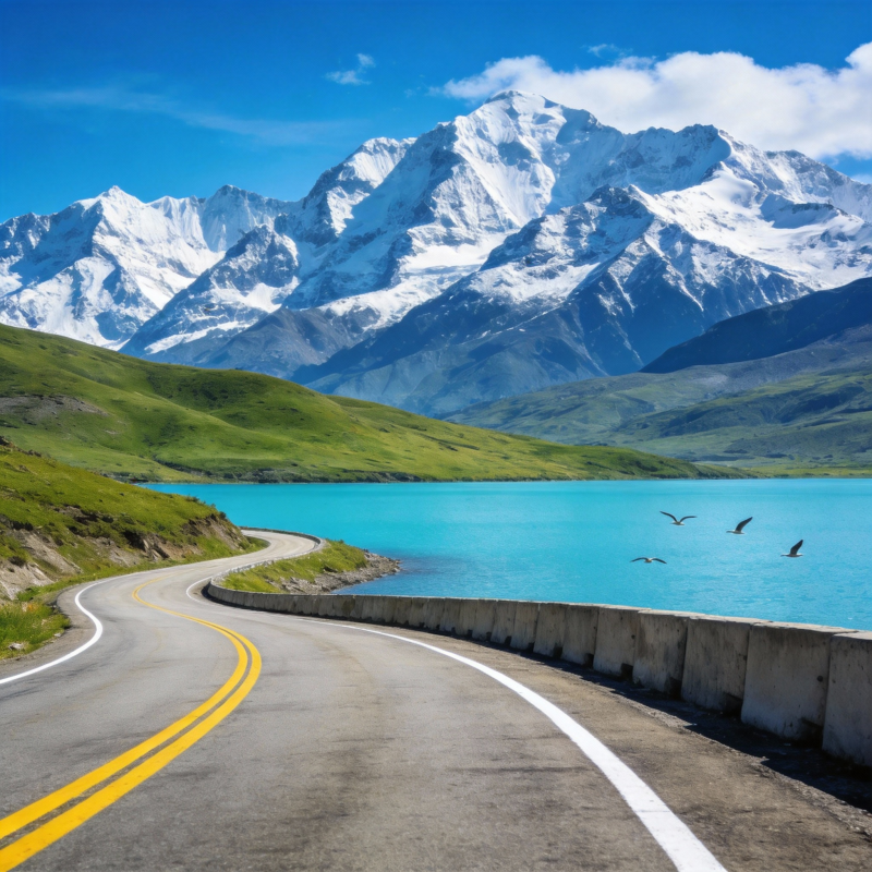 雪山湖畔公路图片