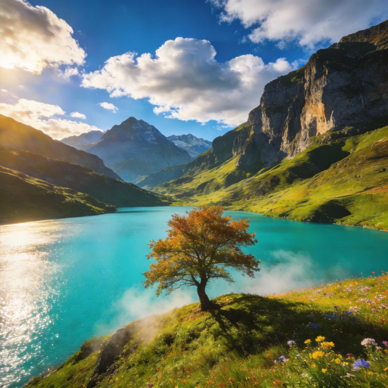 湖畔孤树映山色图片