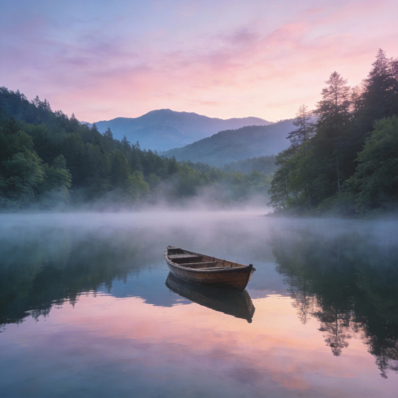晨雾湖舟图片