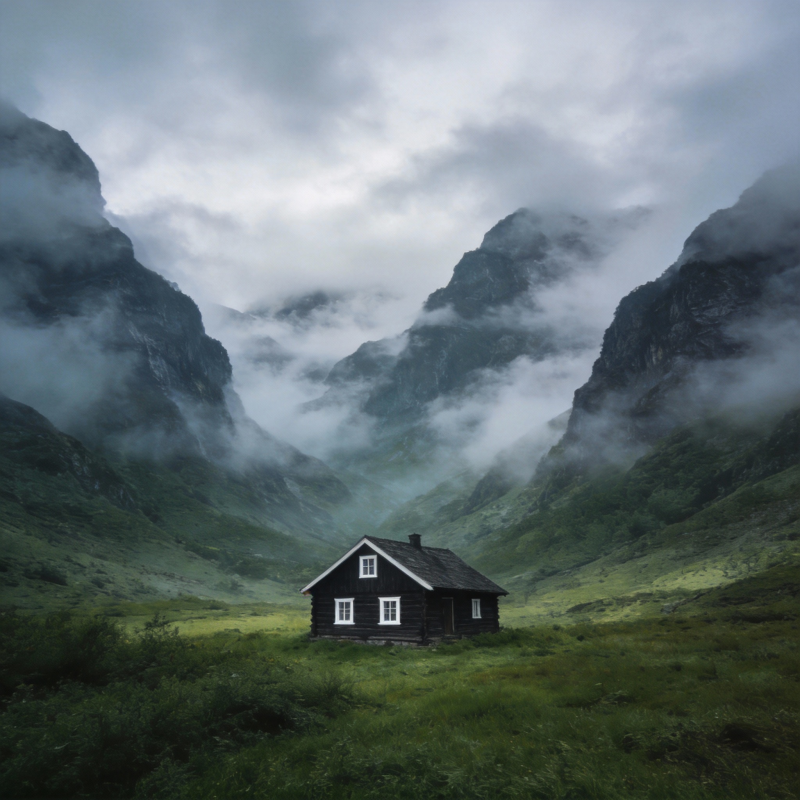 山间小屋云雾中图片