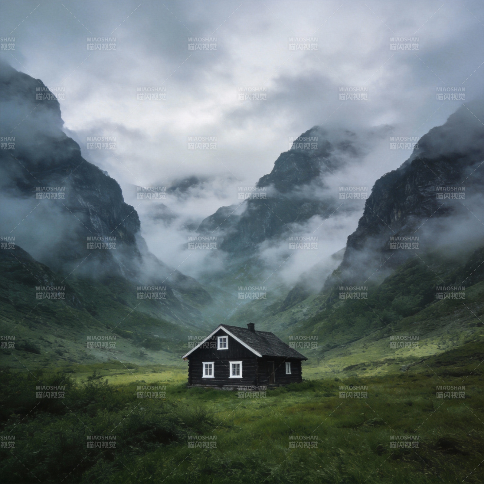 山间小屋云雾中图片