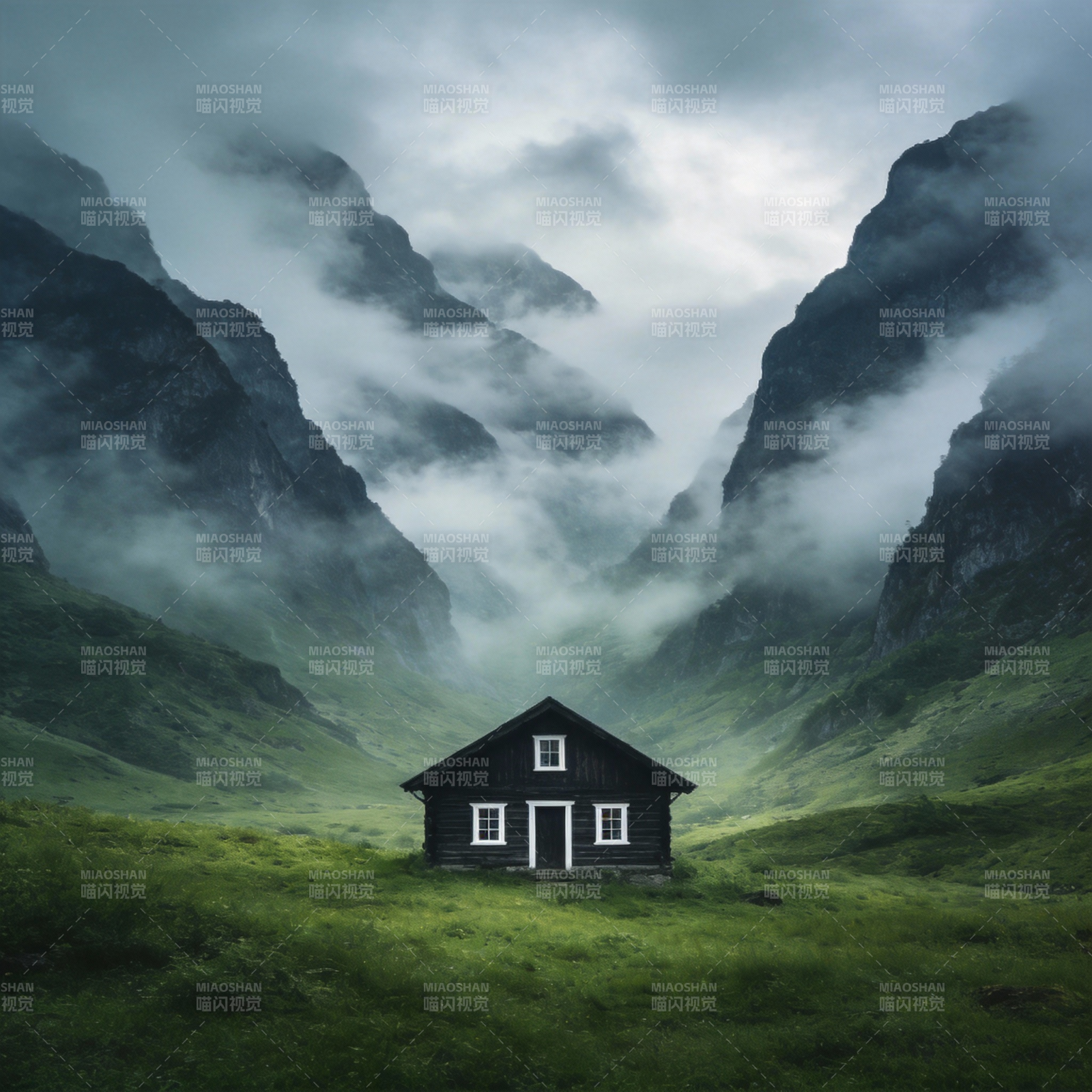 山间小屋云雾中图片