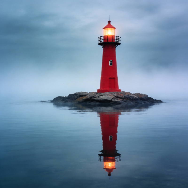 灯塔映水夜雾中图片