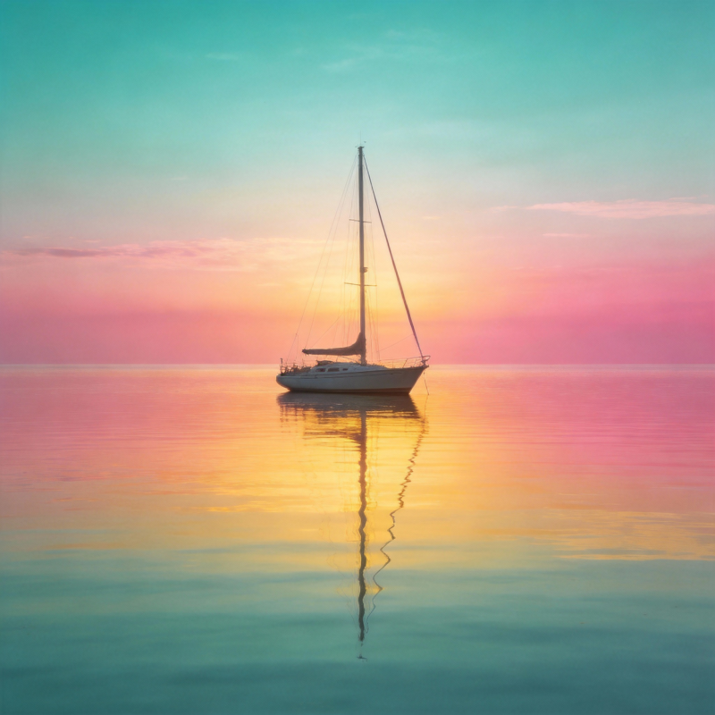 帆影映霞光图片