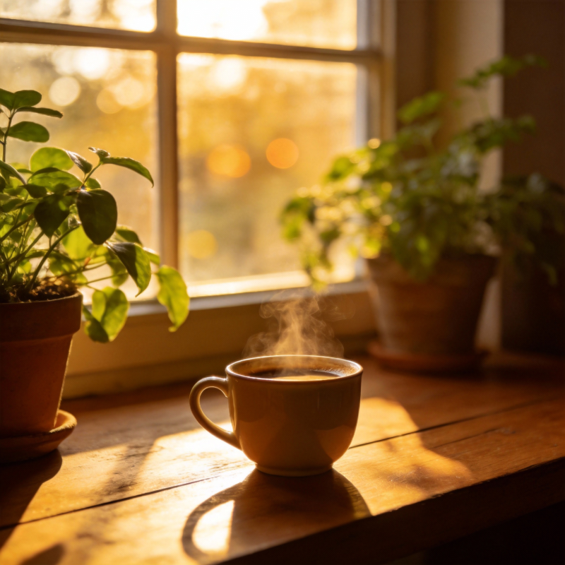 窗边暖阳咖啡香图片