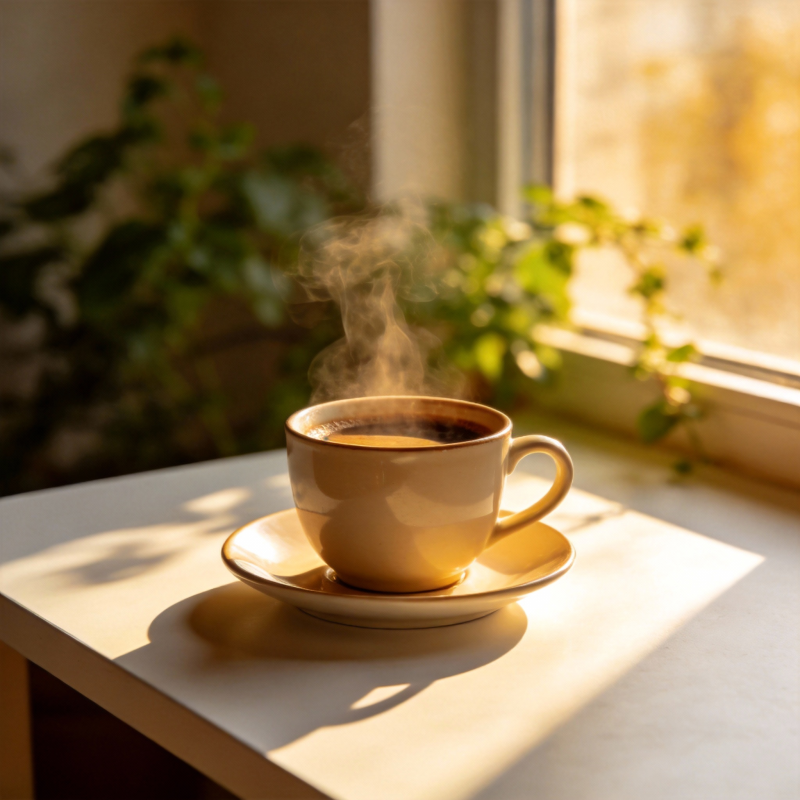 晨光中的热咖啡图片