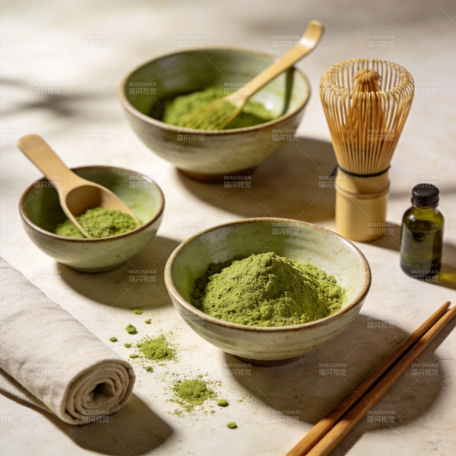 抹茶粉与茶具静物图片