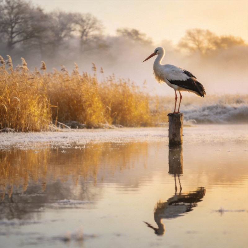 晨雾中的白鹳图片