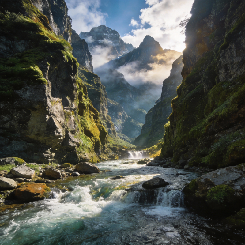 峡谷溪流云雾山图片