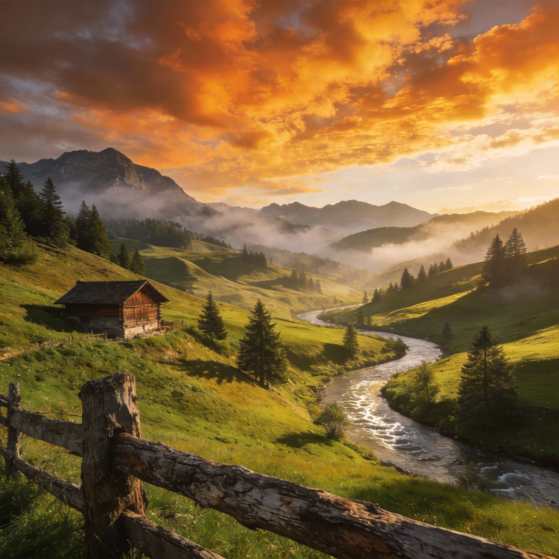 山间晨曦小屋图片