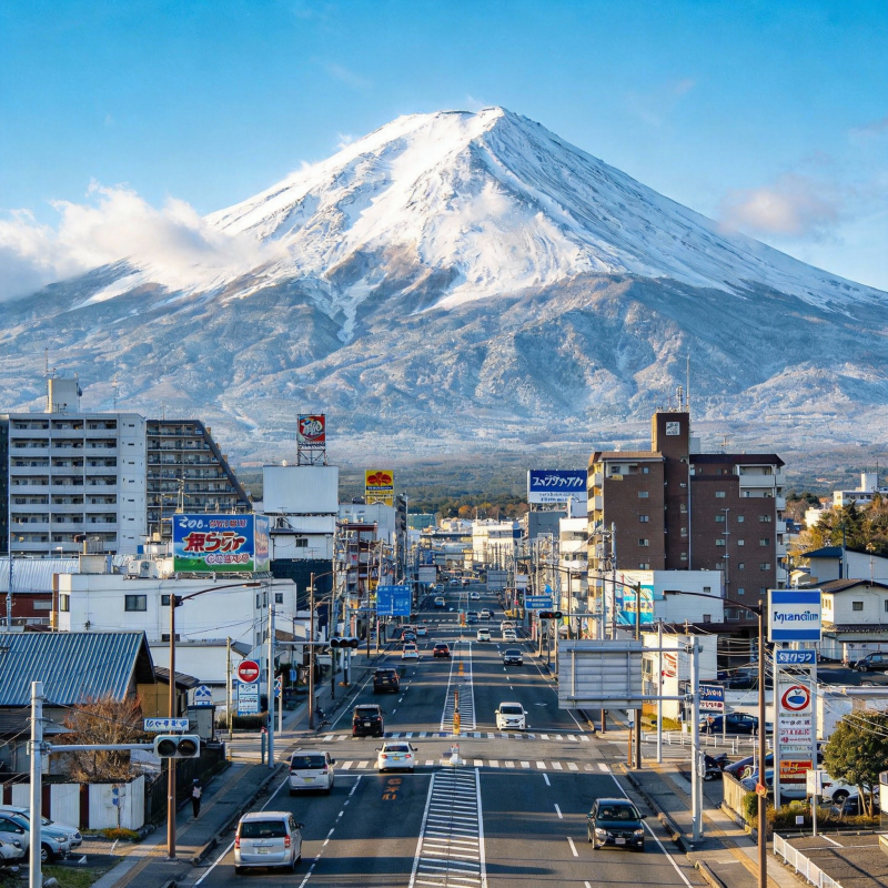 富士山下小镇风光图片