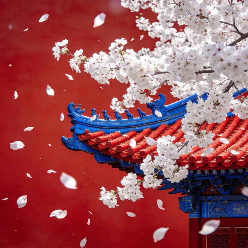 樱花飞舞映古檐图片