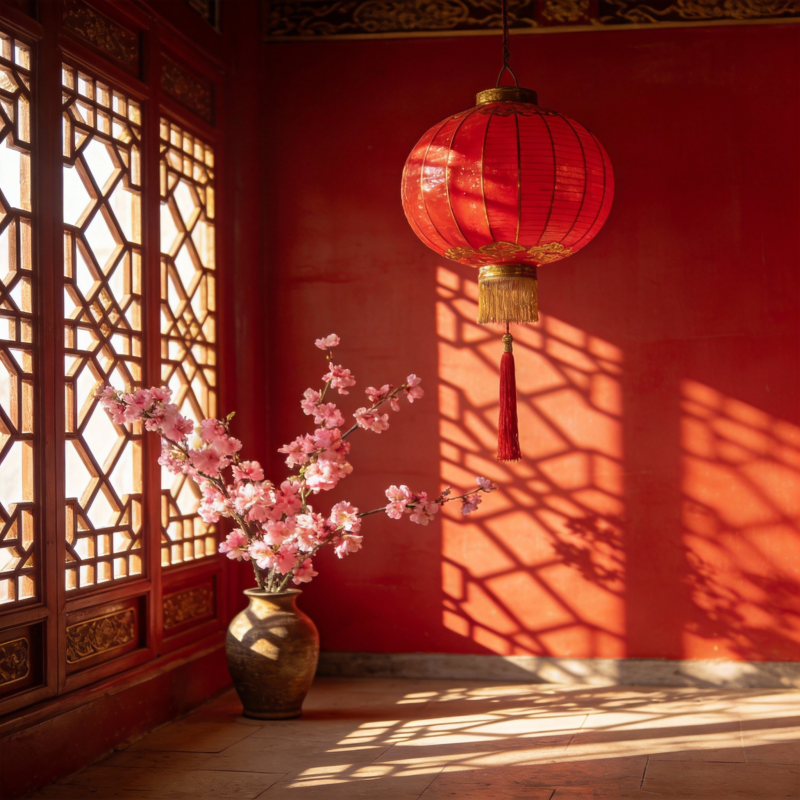 红墙花影映灯笼图片