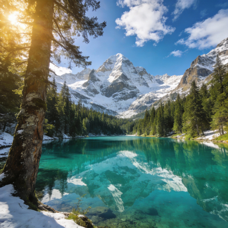 雪山碧湖映晴空图片