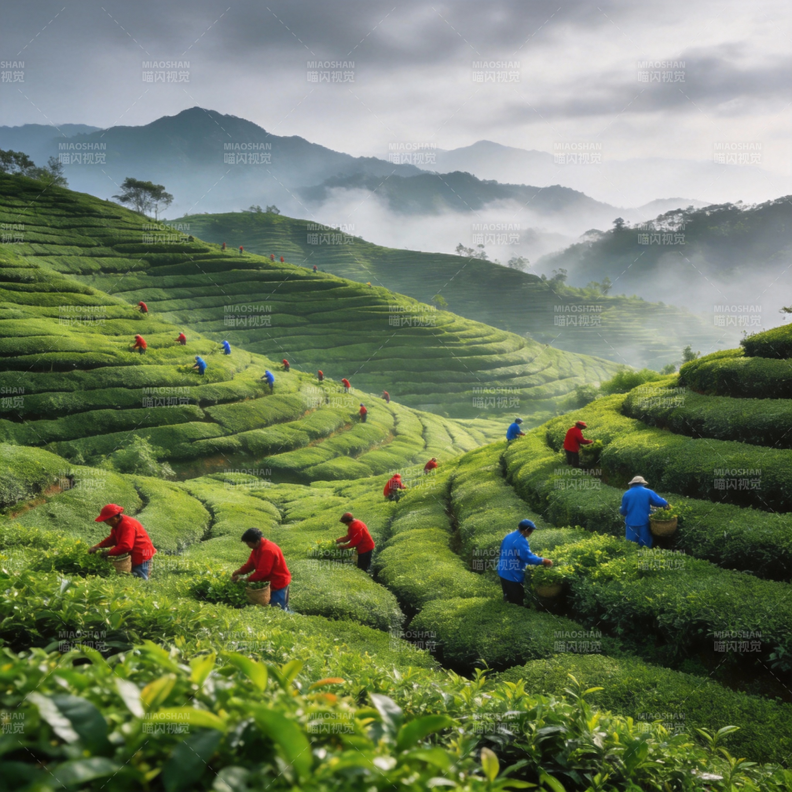 茶园晨雾采茶忙图片