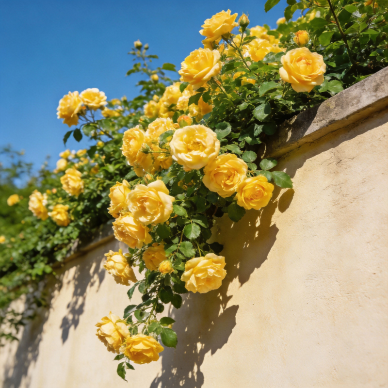 黄玫瑰墙边绽放图片