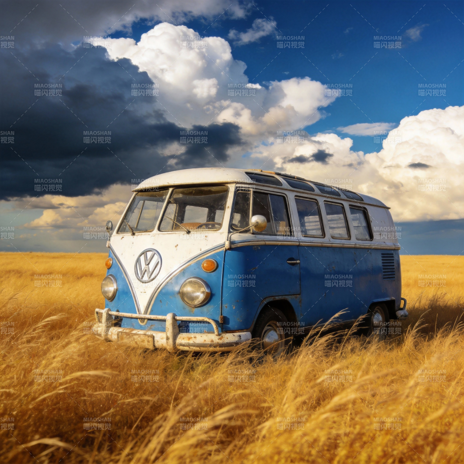蓝白复古面包车图片