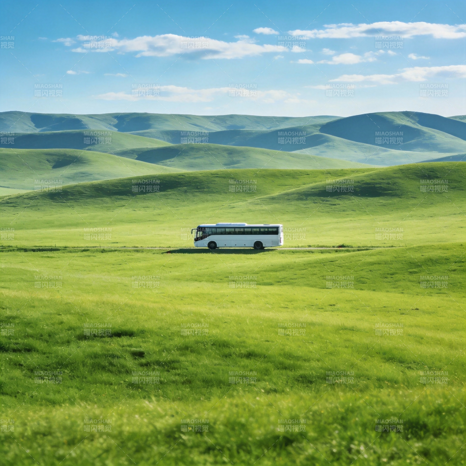 草原上的白色巴士图片