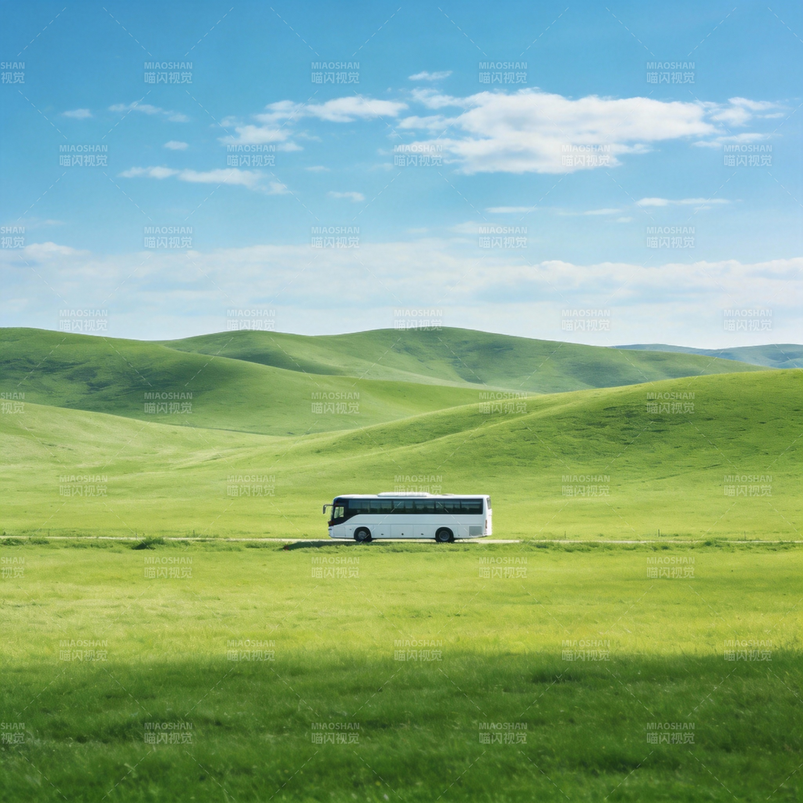 绿野上的白色巴士图片