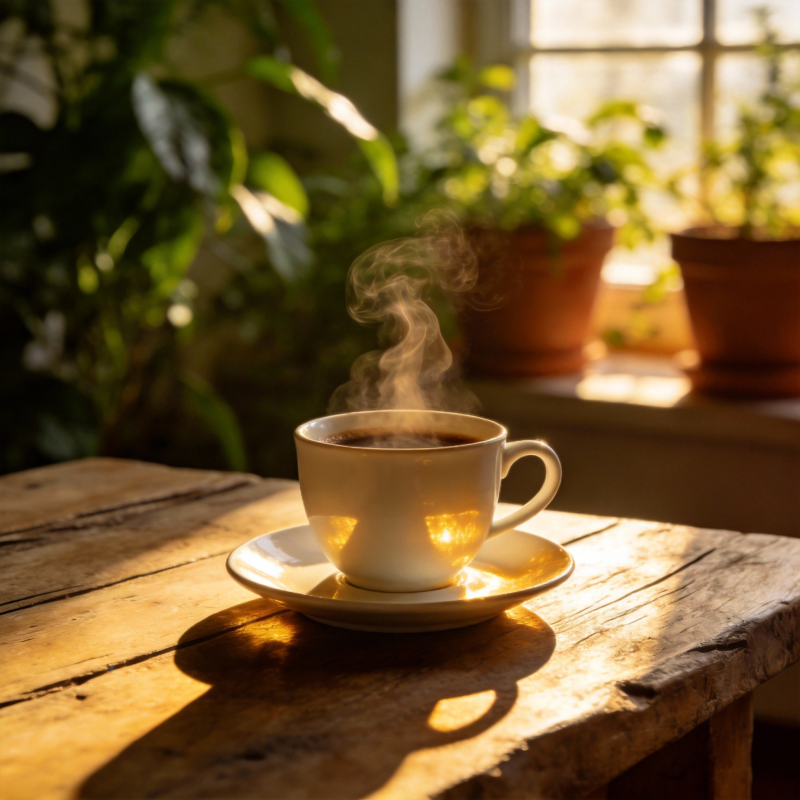 晨光中的热咖啡图片