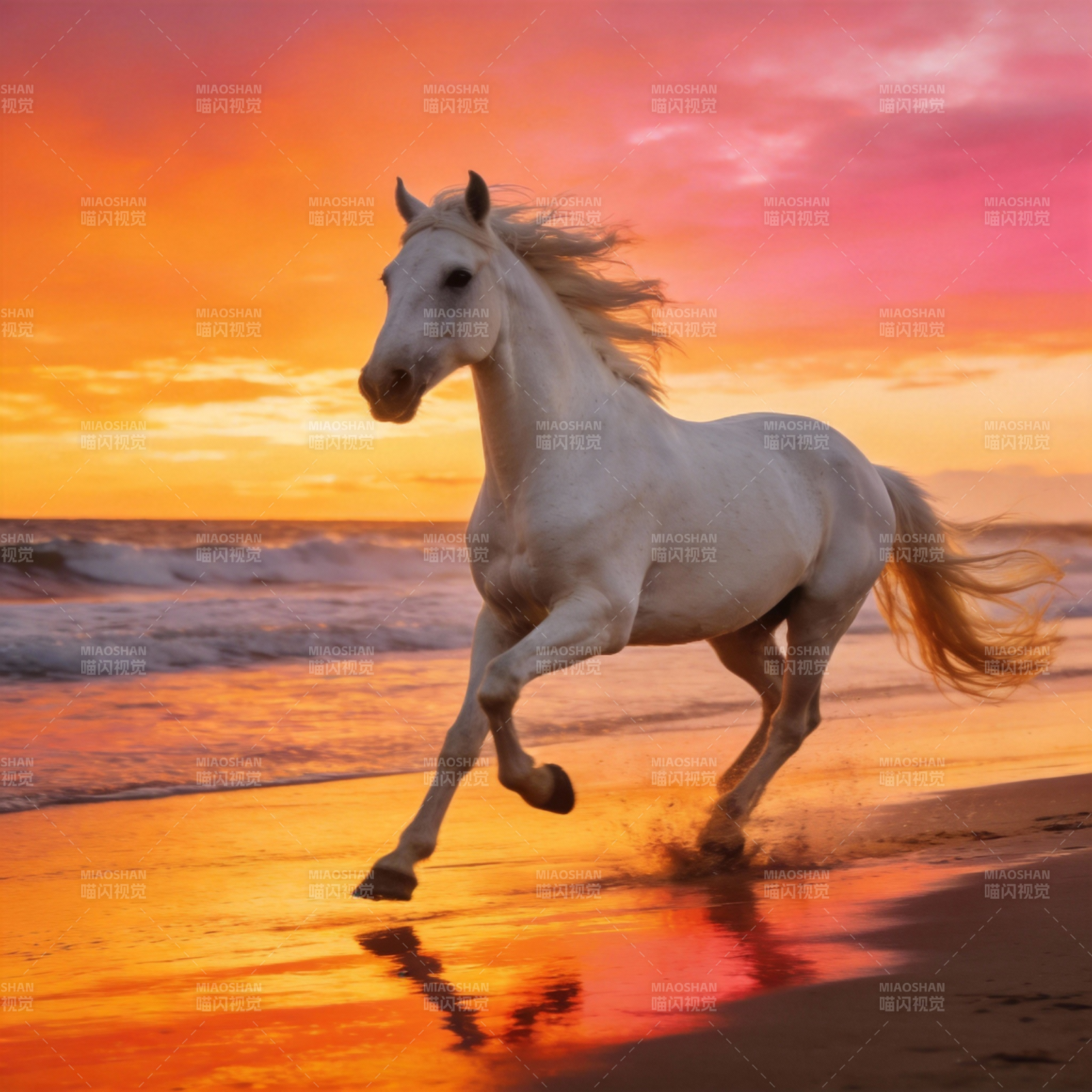 骏马奔腾夕阳滩图片