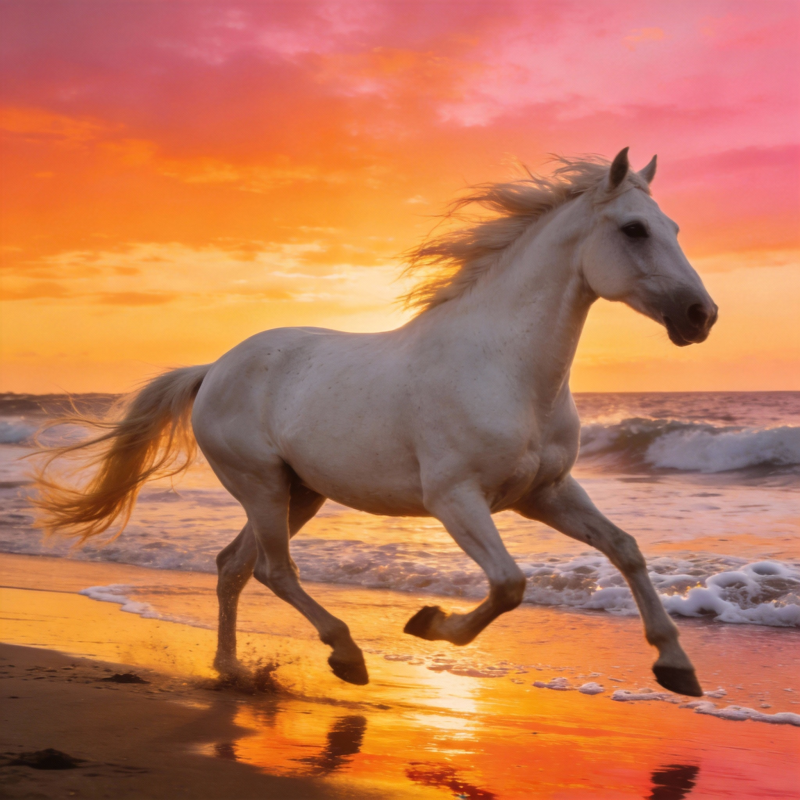 白马奔腾夕阳海滩图片