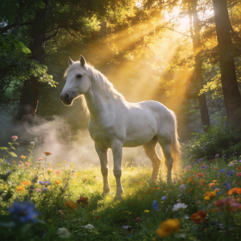林间白马沐浴晨光图片