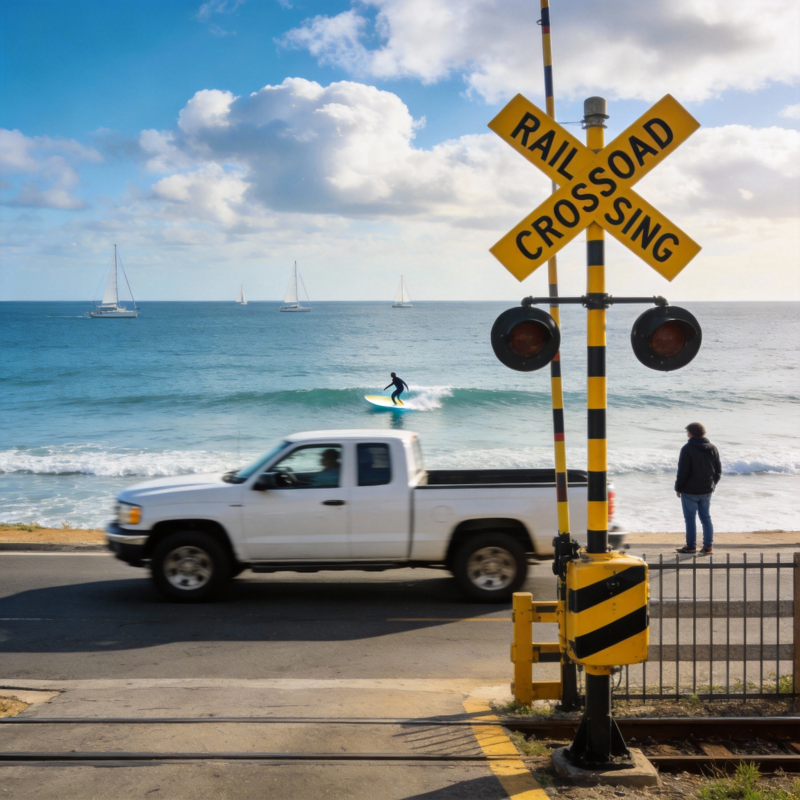海边铁路道口图片
