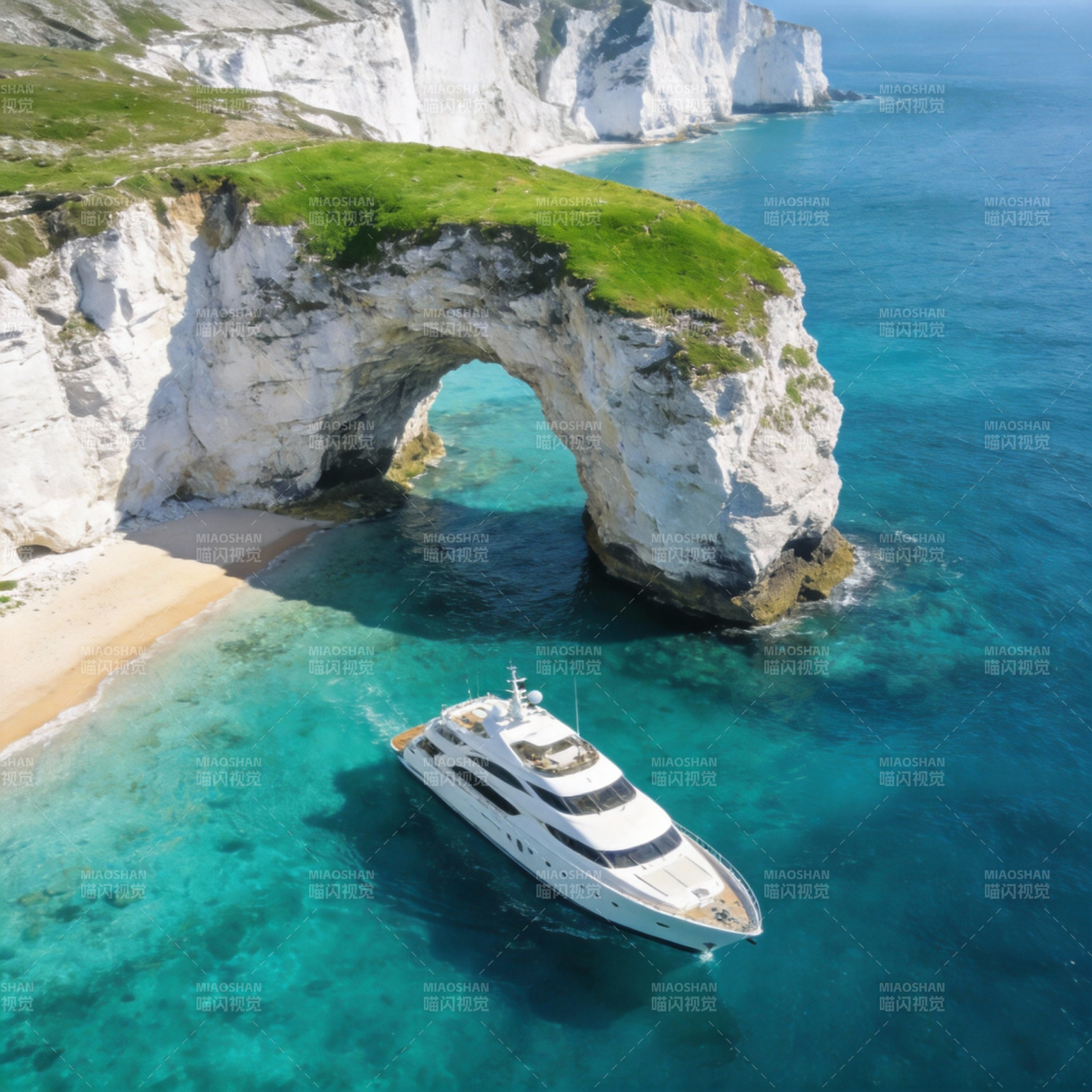 游艇穿行天然拱门图片