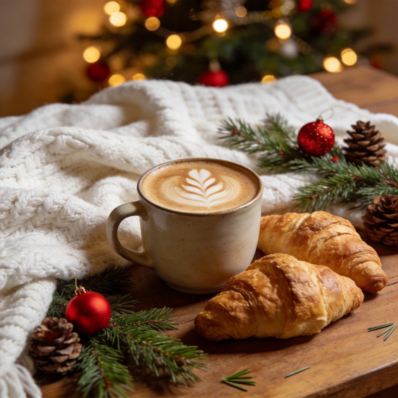 圣诞咖啡与羊角面包图片